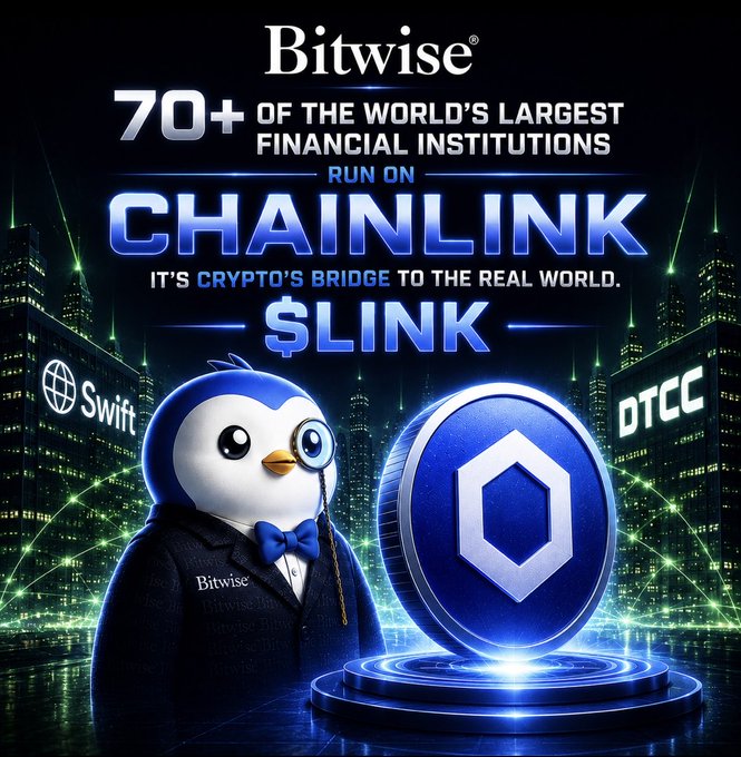 A Bitwise promotional graphic stating '70+ OF THE WORLD'S LARGEST FINANCIAL INSTITUTIONS RUN ON CHAINLINK' with $LINK branding, featuring a Bitwise penguin mascot beside a giant Chainlink coin.
