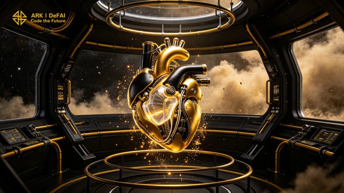 A golden, mechanical heart floats within a futuristic spaceship cockpit overlooking cosmic clouds, with the "ARK | DeFAI - Code the Future" logo in the upper left. The image visually echoes the post's metaphor of ARK's ecosystem "heartbeat," using the glowing mechanized heart to symbolize how utility and AI agents drive the network's lifeforce.
