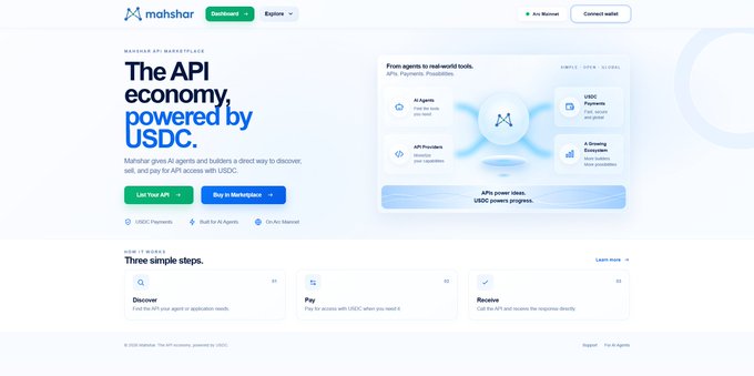 A website landing page for 'mahshar' with the headline 'The API economy, powered by USDC', describing an AI marketplace and listing simple steps: Discover, Pay, and Receive.
