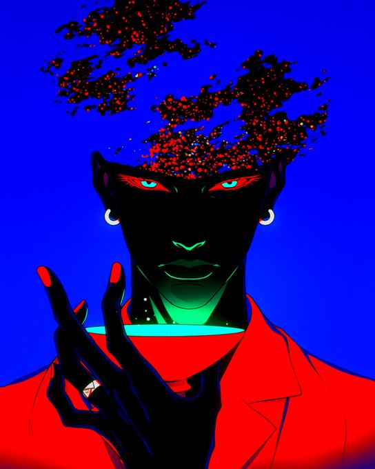 A stylized, high-contrast digital illustration features a silhouetted figure with glowing green facial details, piercing eyes, and a red jacket against a blue background, with a disintegrating or particle effect forming the hair.