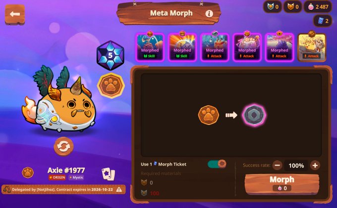 A purple screen displays a game interface with a character named "Meta Morph" and six different abilities, including "Metamorphosis", "Metamorphosed", "Metamorphosed2", "Metamorphosed3", "Metamorphosed4", and "Metamorphosed5".