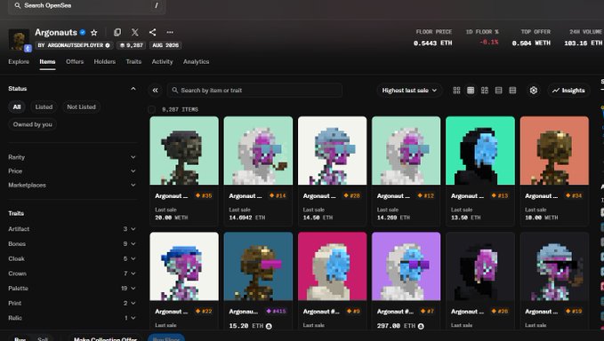 Screenshot of the OpenSea NFT marketplace displaying the 'Argonauts' pixel art collection with a floor price of 0.5443 ETH, 9,287 items, and various trait filters.