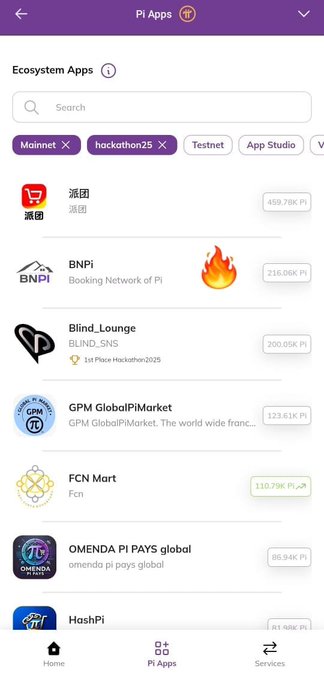 Screenshot of the Pi Apps browser showing the Ecosystem Apps list with BNPi (Booking Network of Pi) ranked second at 216.06K Pi, just behind 派团 at 459.78K Pi, under the "hackathon25" filter tab.