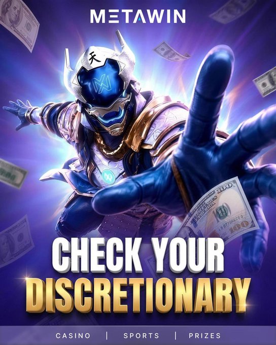 The image is a MetaWin promotional graphic featuring a futuristic armored gladiator character with an outstretched hand, set against a vibrant purple background with floating $100 bills. Bold text reads "CHECK YOUR DISCRETIONARY" with "CASINO | SPORTS | PRIZES" at the bottom, visually reinforcing the post's message about checking for bonus rewards after wagering $25 or more on Gladiator Games or MetaWin Originals.