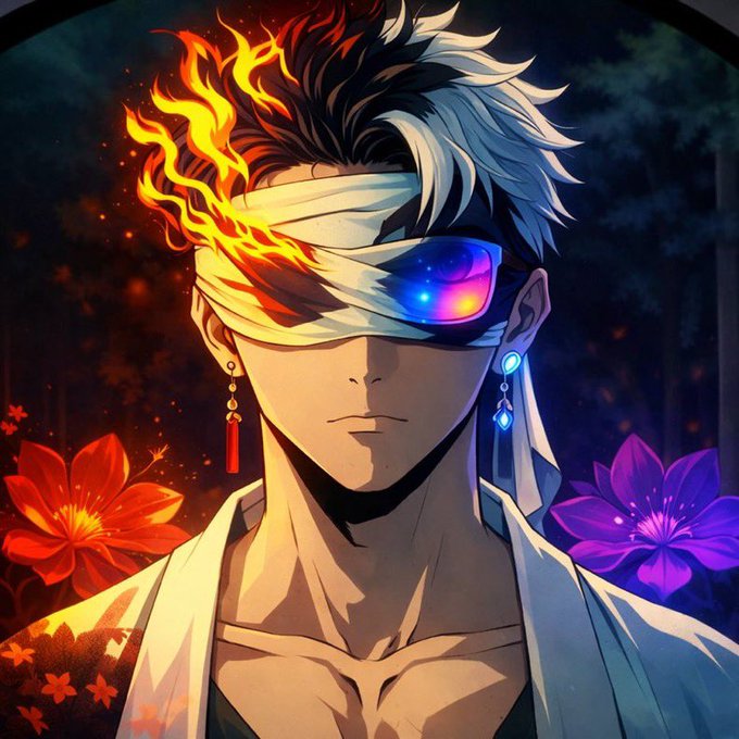 Anime-style character with black and white hair, a flame covering one eye, a glowing blue visor over the other, and dangling earrings, surrounded by red and purple flowers.