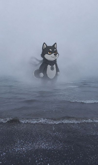 A cartoon black-and-white husky-like dog wearing a dark jacket with a circular emblem stands in the misty ocean surf under a foggy sky.