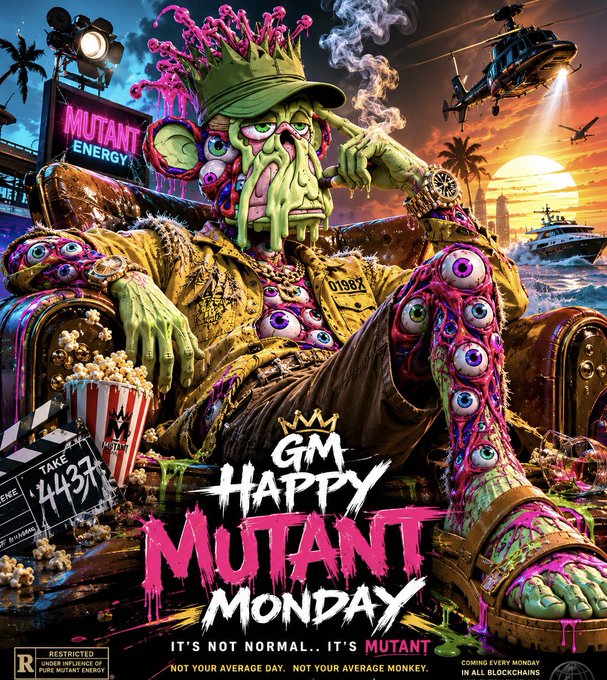 A vibrant, grotesque illustration of a green mutant creature covered in eyeballs wearing a gold chain, accompanied by popcorn and a clapperboard, with bold text 'GM HAPPY MUTANT MONDAY - IT'S NOT NORMAL.. IT'S MUTANT' and 'RESTRICTED UNDER INFLUENCE OF PURE MUTANT ENERGY'.