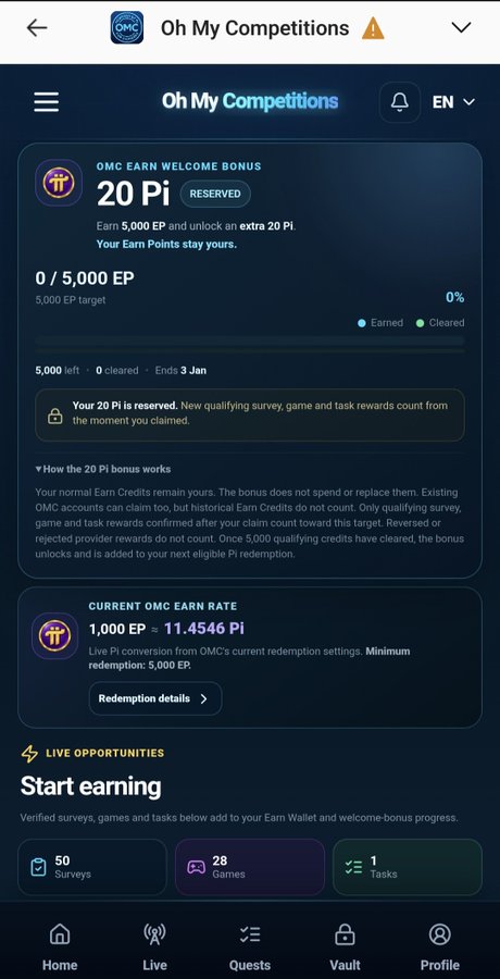 A mobile app screenshot for 'Oh My Competitions' showing a '20 Pi' welcome bonus promotion requiring 5,000 EP to unlock, with sections for 'How the 20 Pi bonus works' and 'Start earning'.