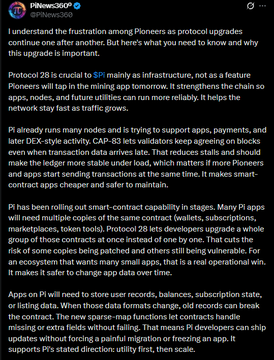 A Pi News tweet explaining Protocol 28's focus on Pi Network infrastructure, validator consensus, smart-contract apps, and apps sending transactions in parallel while safely managing app data.
