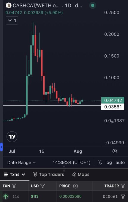 A TradingView 1D candlestick chart shows $CASHCAT/WETH trading at 0.04742 (+5.90%), recovering from a sharp July peak near 0.25 down to a low around 0.01387 before bouncing, supporting the post's claim of a bottoming pattern and impending upside reversal.
