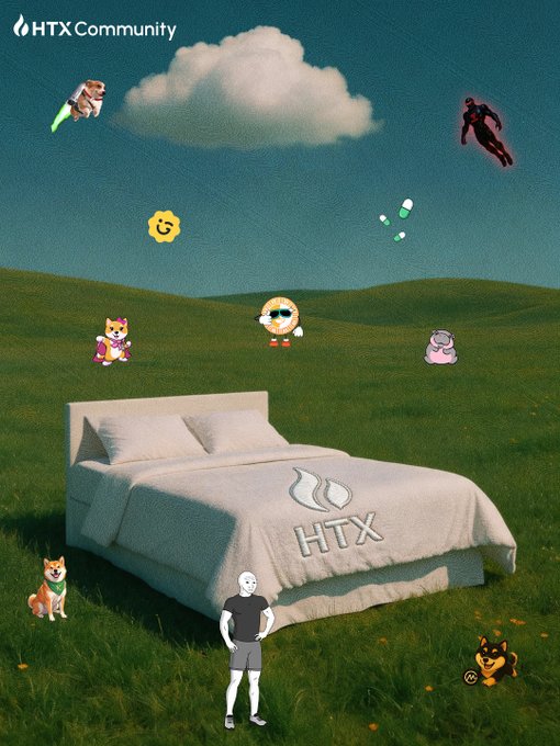 A surreal 3D-rendered scene features a large HTX-branded bed in a grassy field with a figure standing beside it, surrounded by playful characters including a Shiba Inu dog, cats, and flying figures, with "HTX Community" displayed at the top. The dreamlike imagery of "making it count" visually represents the post's message about staying sharp and decisive in a moving crypto market.