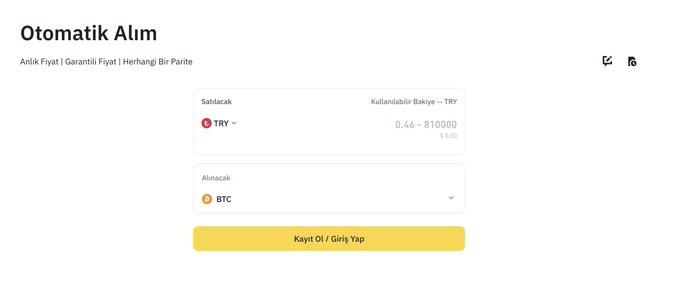A screenshot of Binance's "Otomatik Alım" (Automatic Purchase) interface showing a configuration to buy BTC using Turkish Lira (TRY) with an amount range of 0.46–810000 TRY and a "Kayıt Ol / Giriş Yap" (Sign Up / Log In) button.