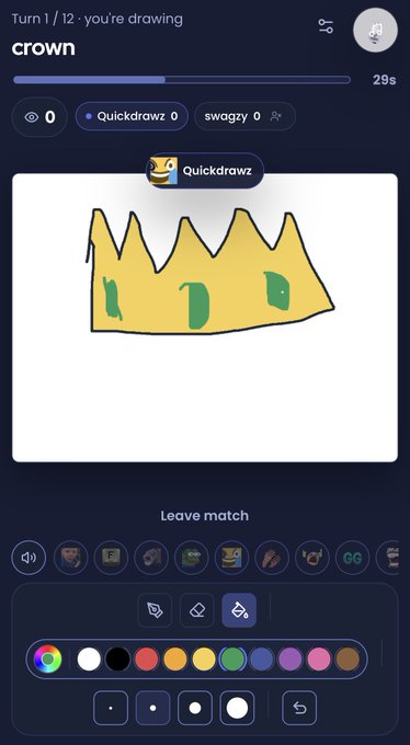A screenshot of a multiplayer drawing game (skribbl.io or similar) where a user named 'Quickdra wz' has drawn a yellow crown with green gems for the word 'crown' on Turn 1 of 12.