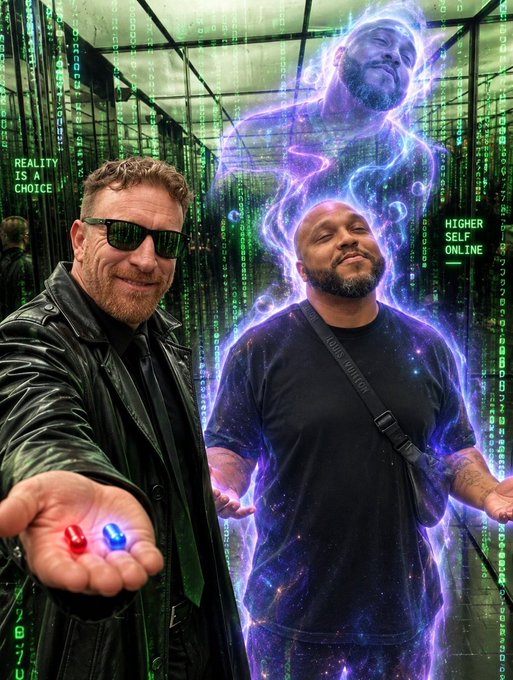 A surreal digital artwork depicting a man in sunglasses holding red and blue pills (Matrix reference) alongside another man surrounded by purple cosmic energy, with text reading 'REALITY IS A CHOICE' and 'HIGHER SELF ONLINE'.