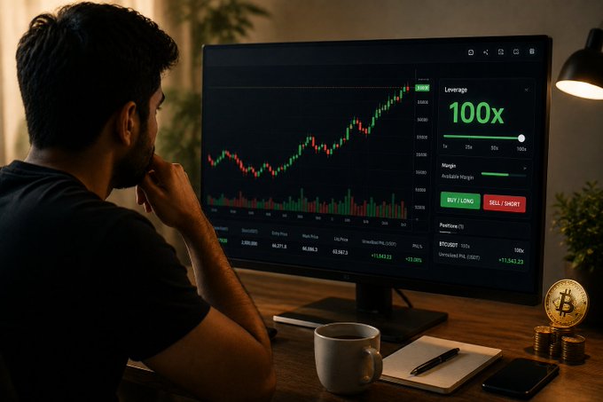 A trader intently studies a cryptocurrency chart on his monitor, where a prominent "Leverage 100x" indicator and BUY LONG / SELL SHORT buttons are clearly visible, illustrating the high-leverage futures trading that now dominates India's crypto market.