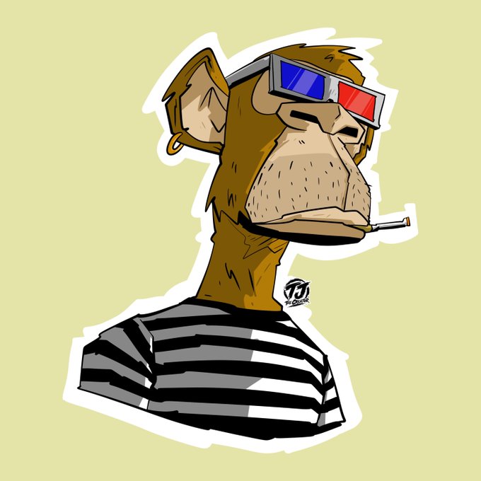 A stylized illustration depicts a monkey wearing 3D glasses, a black and white striped shirt, and smoking a cigarette, complete with an earring.