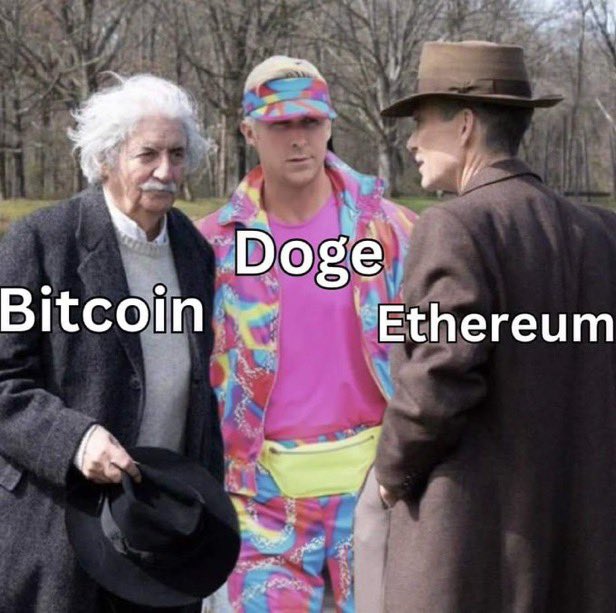 A photoshopped meme featuring a man in a colorful "Doge" outfit standing between an older Albert Einstein-like figure labeled "Bitcoin" and a person in a brown coat labeled "Ethereum," humorously portraying Doge as the vibrant middle figure bridging the two larger cryptocurrencies. The playful image supports the post's message that Doge holders are diverse and unconventional compared to traditional crypto communities.
