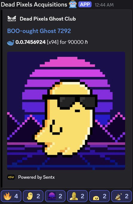 A digital interface for 'Dead Pixels Acquisitions' shows a pixel art ghost wearing sunglasses against a retro sunset background, priced at 0.07456924 (x94) for 90000 h.