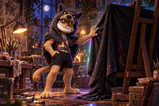 An anthropomorphic wolf mascot wearing black shorts stands in an artist's studio, pulling a paint-splattered cloth off an easel, with brushes, supplies, and a moonlit window in the background.