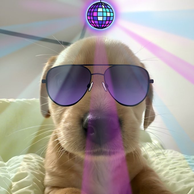 A puppy wearing purple aviator sunglasses poses under a floating disco ball with colorful laser lights in the background.