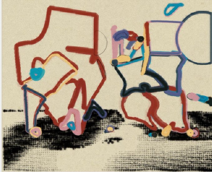An abstract artwork featuring bold, colorful linework in reds, blues, pinks, and yellows forming two intertwined figurative shapes against a textured black ground, which connects to the post as a newly acquired piece from artist William Apan on Art Blocks' "DOS #1" collection.