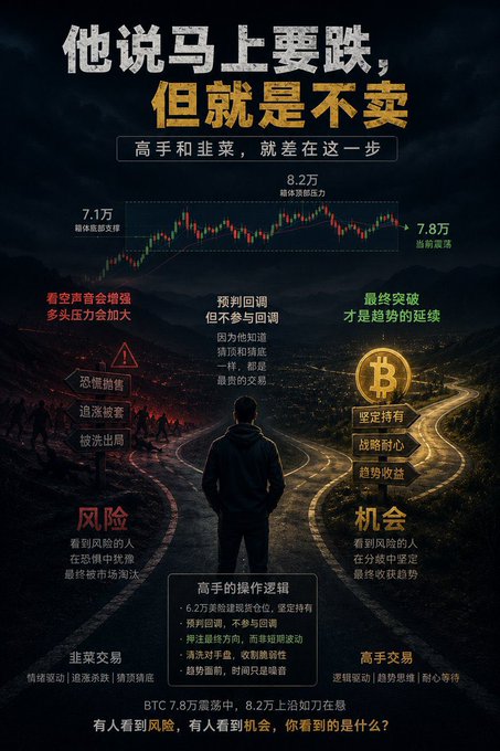 A Bitcoin trading motivational graphic contrasting "risky" panic selling (韭菜/jiu cai) with "opportune" patient holding (高手/gāo shǒu), featuring a chart showing BTC at $71K and $82K levels and a forked path leading toward a glowing Bitcoin symbol symbolizing trend continuation—visually reinforcing the post's message that pros hold through bearish noise rather than panic-selling at $78K.