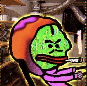 A stylized digital artwork featuring a green-faced character with red lips smoking a cigar against an industrial background with pipes and fans.