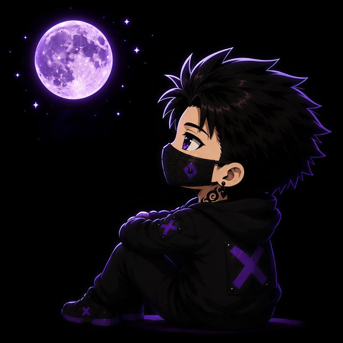 An anime-style digital illustration of a character with spiky black hair, a face mask, and dark clothing with purple X designs, sitting and gazing at a glowing purple moon against a starry night sky.