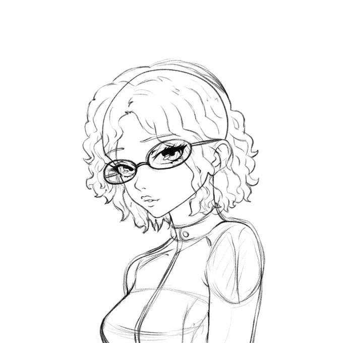 A black and white sketch of a young woman with curly hair, glasses, and a high-collared outfit looking back over her shoulder.
