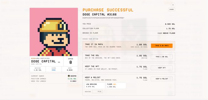A 'Purchase Successful' confirmation screen for a DOGE Capital NFT #3166, showing options to 'Take it in NFTs,' 'Take the SOL,' or 'Keep & Relist.'