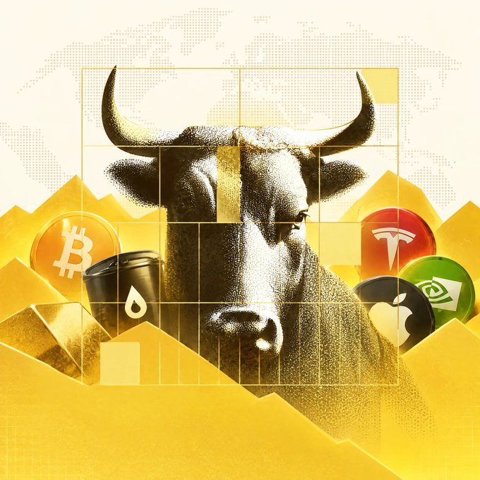 A bold illustration features a charging bull surrounded by golden geometric shapes and various financial symbols, including a Bitcoin coin, oil barrel, Tesla logo, Apple logo, and NVIDIA logo, set against a yellow mountainous backdrop—visually reinforcing the optimistic "GM! BULL is coming" message about a bullish market rally.