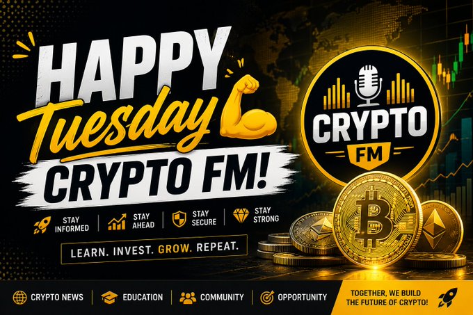 A vibrant promotional graphic featuring "Happy Tuesday Crypto FM!" in bold yellow and white lettering, alongside the Crypto FM logo and golden Bitcoin and Ethereum coins, reinforcing the motivational message of staying focused and building toward long-term crypto success.