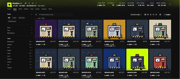 A screenshot of the OpenSea Breakers NFT marketplace showing various digital collectibles with prices listed in ETH.