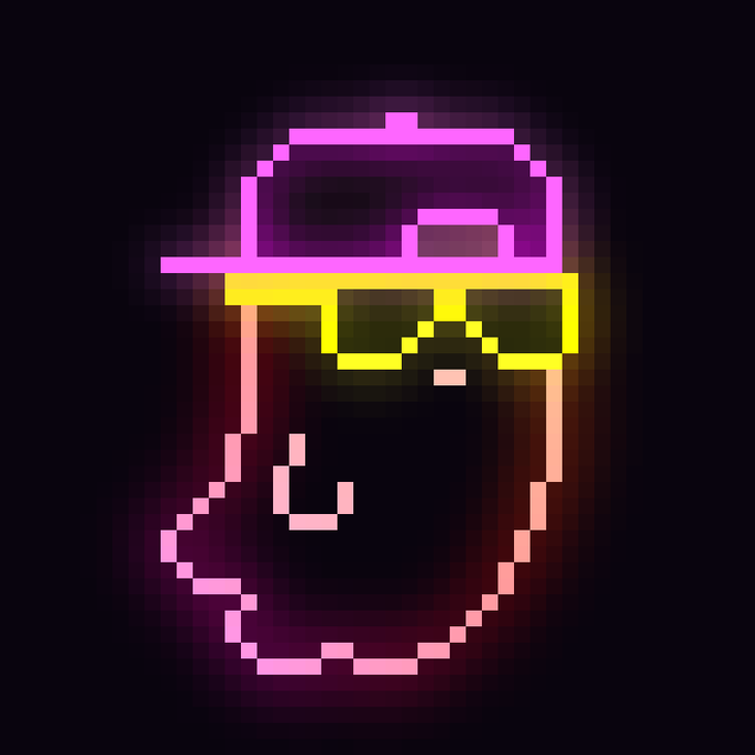 A pixel art illustration of a bearded face wearing a pink and yellow hat and yellow-rimmed glasses, glowing against a dark background.