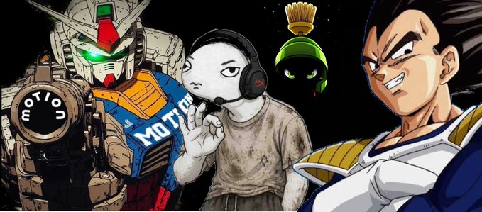 A digital artwork featuring a Gundam mech, a person in a headset, a green creature wearing a crown, and the anime character Vegeta.