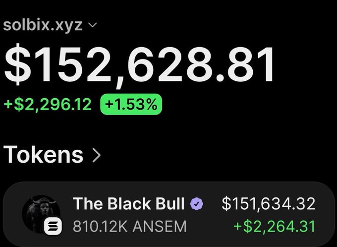 A wallet tracker image showing solbix.xyz with a portfolio balance of $152,628.81, featuring "The Black Bull" holding 810.12K ANSEM tokens valued at $151,634.32, up $2,264.31 (+1.53%). The image visualizes the post's claim of turning a $9,980 entry into a 23x gain on the $ANSEM token, with the majority of profits ($151,700) still held in the wallet.
