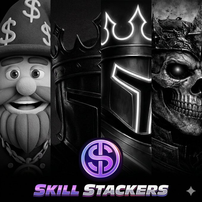 Black and white promotional image for 'SKILL STACKERS' featuring four distinct character designs—a money-bag-headed dwarf, a knight, a crowned knight, and a skull-faced warrior—with a purple and pink circular logo.