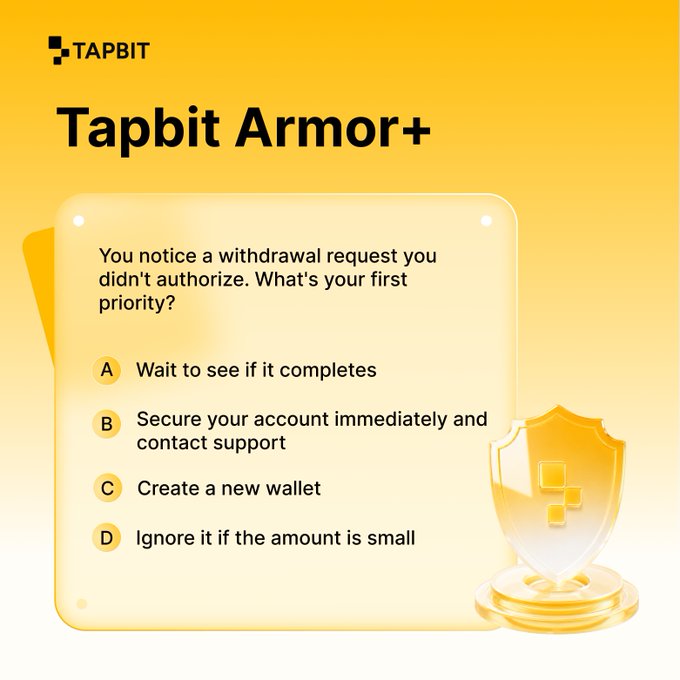 A yellow-themed Tapbit branded graphic titled "Tapbit Armor+" presents a security quiz asking users to choose their first priority when noticing an unauthorized withdrawal request, with "Secure your account immediately and contact support" as the highlighted correct action, reinforcing the post's message about protecting crypto assets.