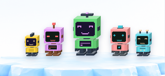 Five pixel-art robot characters in various colors (yellow, purple, green, pink, and teal) stand together on an icy blue platform, each featuring cute digital face displays on their screens.