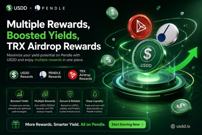 A promotional banner for a USDT × PENDLE partnership advertises "Multiple Rewards, Boosted Yields, TRX Airdrop Rewards," highlighting features like Boosted Yields, Secure & Reliable infrastructure, and Deep Liquidity on Pendle (usdd.io).

The image relates to the post by illustrating the concept of capital efficiency and yield optimization in DeFi, which aligns with the discussion of Morpho's PT-sUSDD/USDT market—though the banner focuses on a different Pendle-based USDD yield strategy offering USDD, PENDLE, and TRX rewards.