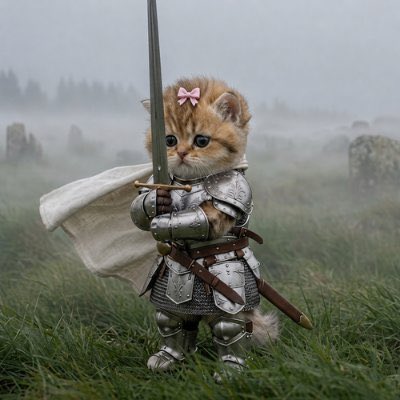 An AI-generated image of a small orange kitten dressed in medieval knight armor, holding a sword with a pink bow on its head, standing in a misty grassy field.