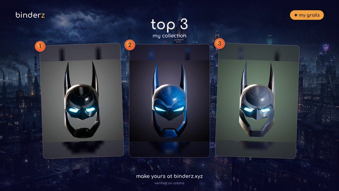 A promotional image from Binderz.xyz showcases "Top 3 my collection" featuring three numbered digital Batman cowl NFT collectibles (in dark, blue, and green variants) displayed against a night cityscape, aligning with the post's emphasis on owning rare "Bat Cowlz" forever.