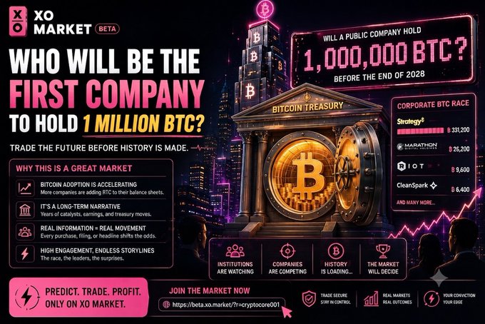 An advertisement for 'XO MARKET (BETA)' asking 'WHO WILL BE THE FIRST COMPANY TO HOLD 1 MILLION BTC?' featuring a corporate BTC race leaderboard with Strategy, Marathon, Riot, and CleanSpark.