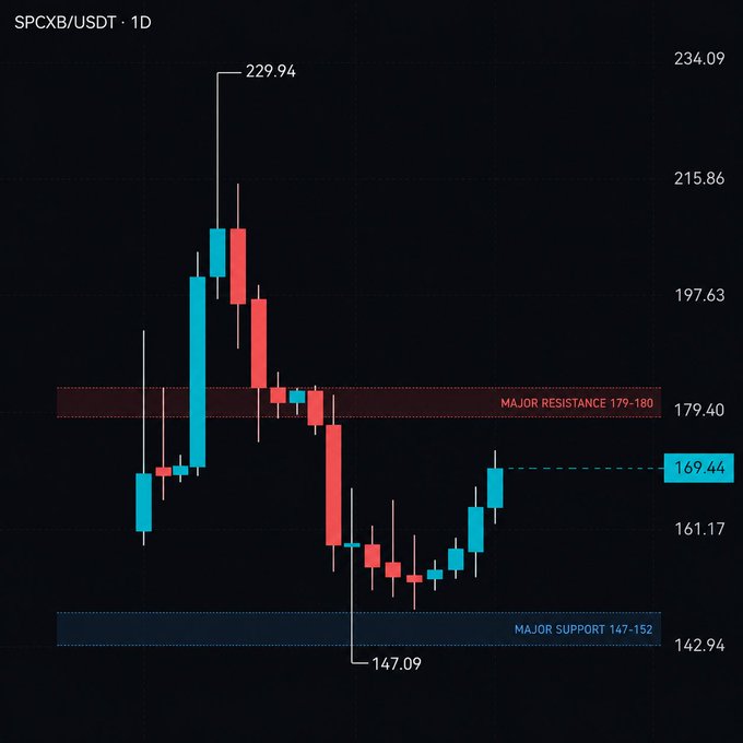 A 1D candlestick chart of SPCXB/USDT showing a price recovery from the major support zone at 147–152 (low of 147.09) toward the major resistance zone at 179–180, with the current price at 169.44 and a recent high of 229.94. The chart visually supports the post's description of a clean bounce from support with buyers regaining control, though the price has not yet reached the highlighted resistance level.