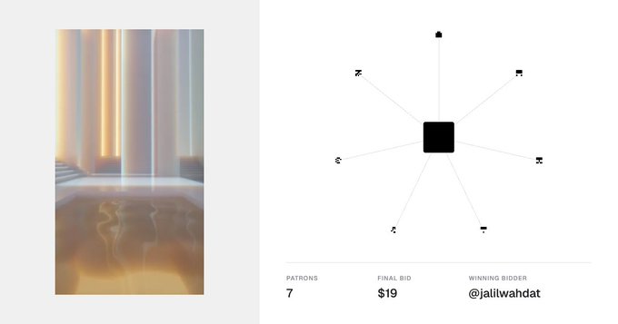 A digital art auction display showing an abstract piece with golden vertical streaks and reflections, featuring a bidding diagram and stats: 7 patrons, final bid $19, winning bidder @jalilwahdat.