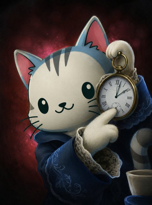 Illustration of a cute cartoon cat wearing blue robes and holding a vintage pocket watch, set against a dark red cosmic background.