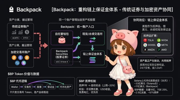 An infographic titled 'Backpack' explains a re-collateralization system that unifies traditional securities (TSLA, NVDA, GOOGL, META, AMZN, AMD) and crypto assets, featuring a cartoon girl in a pig hat and sections on token value and airdrop mechanics.