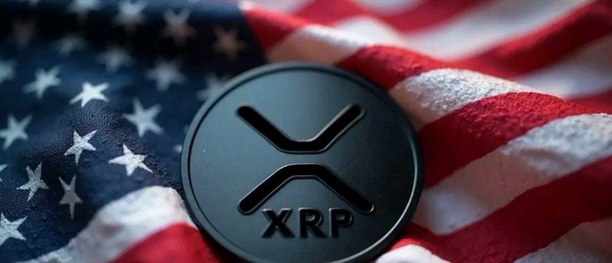 A black XRP coin rests on an American flag, symbolizing the potential impact of XRP's accelerating global adoption and the possible depletion of its escrow reserves on the U.S. crypto market.