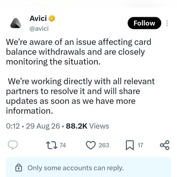 A tweet from Avici (@avici) dated 29 Aug 26 acknowledging an "issue affecting card balance withdrawals" and stating they are working with partners to resolve it. This aligns with the post's mention of Avici being among multiple crypto card platforms on Solana impacted during exploit season, with the company confirming it will cover user funds in full.