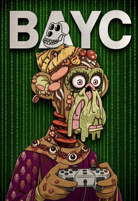 A grotesque, mutated Bored Ape with bulging eyes, mushrooms sprouting from its head, and multiple eyes on its neck holds a white Xbox controller against a green digital code background. The bold white letters "BAYC" appear at the top, representing the Bored Ape Yacht Club brand and reinforcing the post's competitive gaming message.